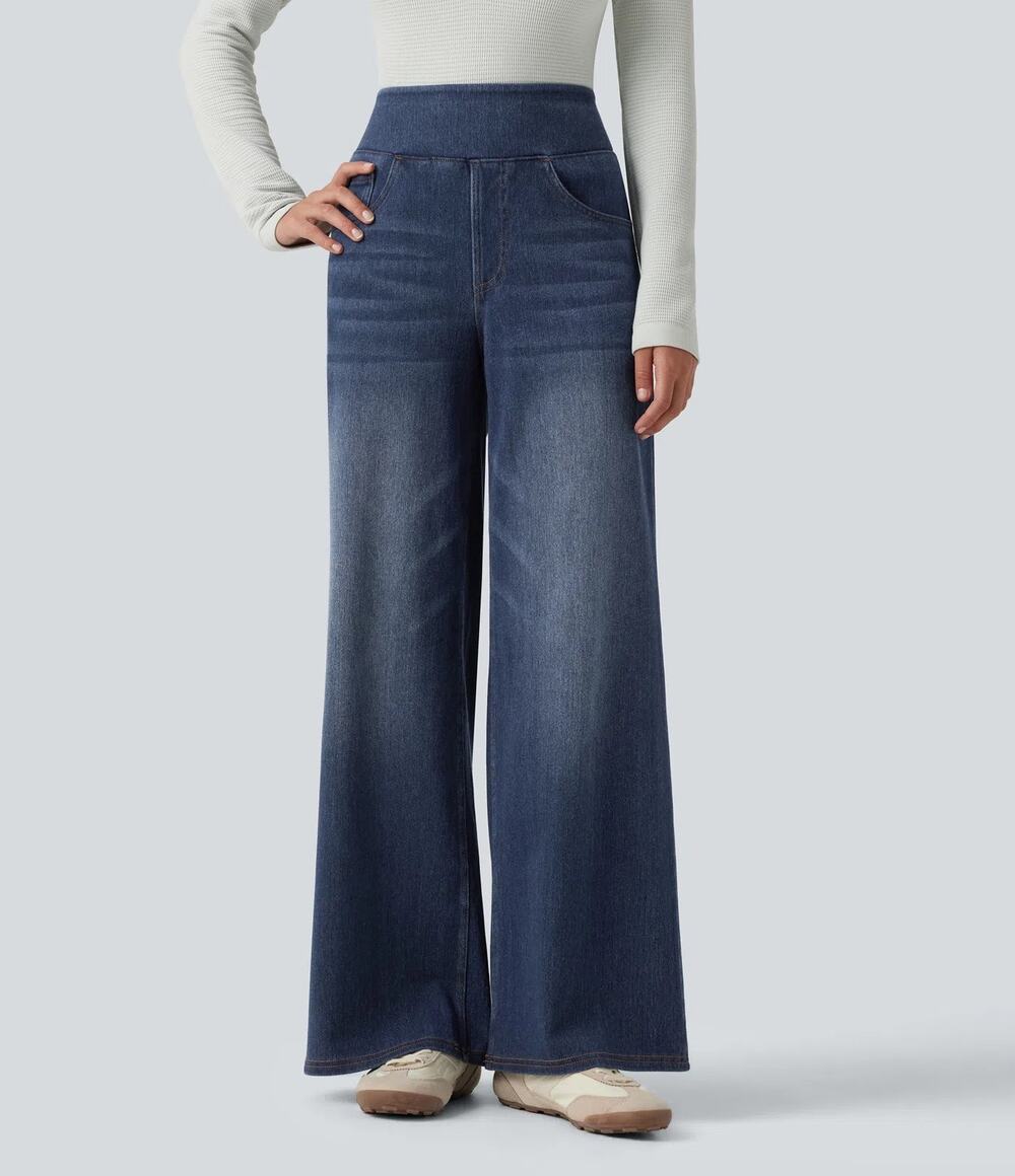 Halara Flex Denim Heat Jeans High Waisted Wide Leg Casual Pants Blue NWT Medium